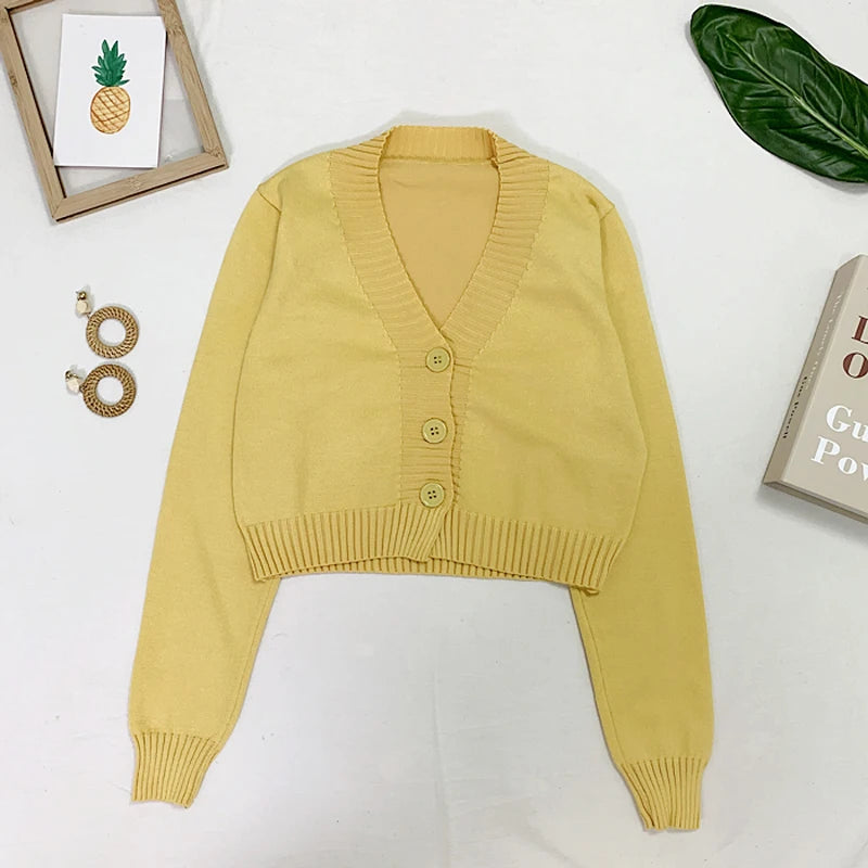 gilet court pour femme de couleur jaune à col en V et à bouton